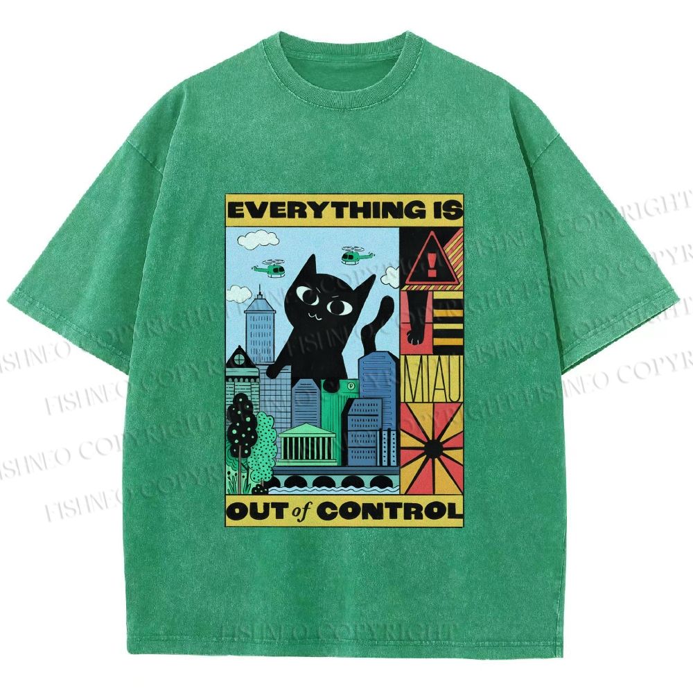 Unisex Giant Black Cat Everything is Out of Control Printed Washed Tee