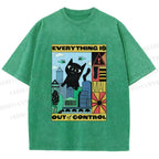 Unisex Giant Black Cat Everything is Out of Control Printed Washed Tee