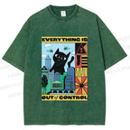 Unisex Giant Black Cat Everything is Out of Control Printed Washed Tee