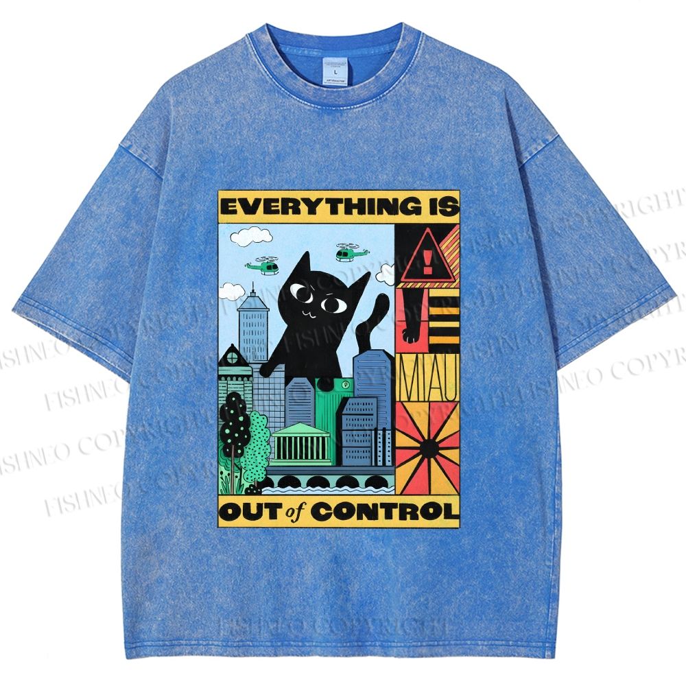Unisex Giant Black Cat Everything is Out of Control Printed Washed Tee