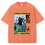 Unisex Giant Black Cat Everything is Out of Control Printed Washed Tee