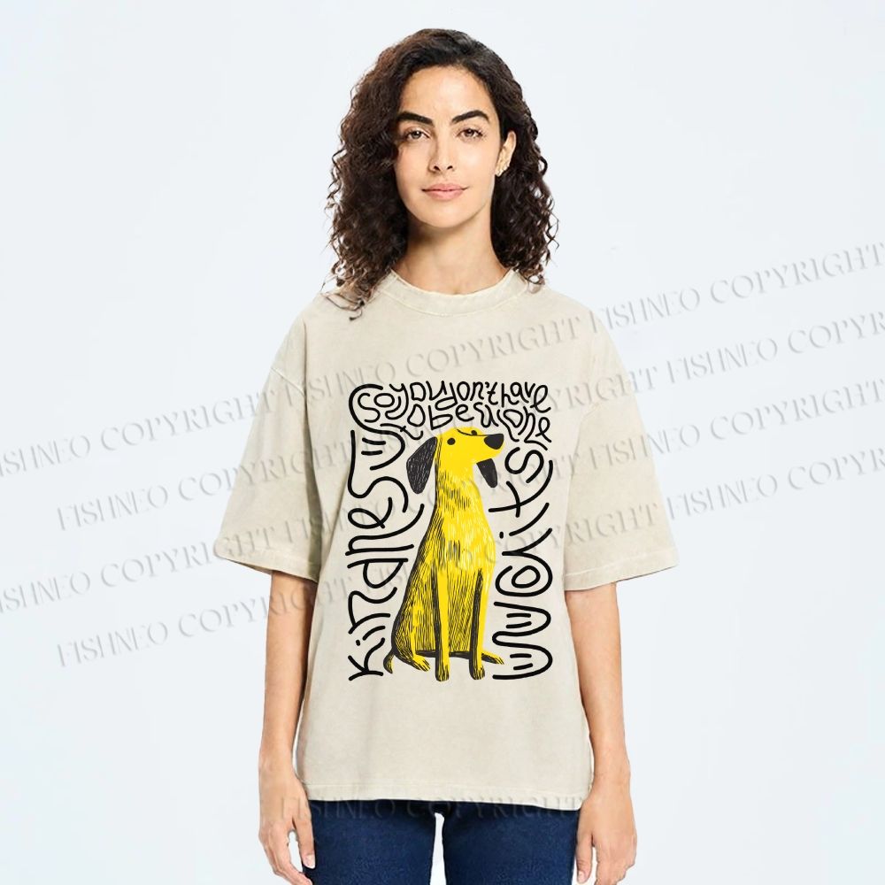 Unisex Yellow Dog With Line Printed Washed Tee