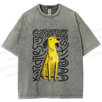 Unisex Yellow Dog With Line Printed Washed Tee