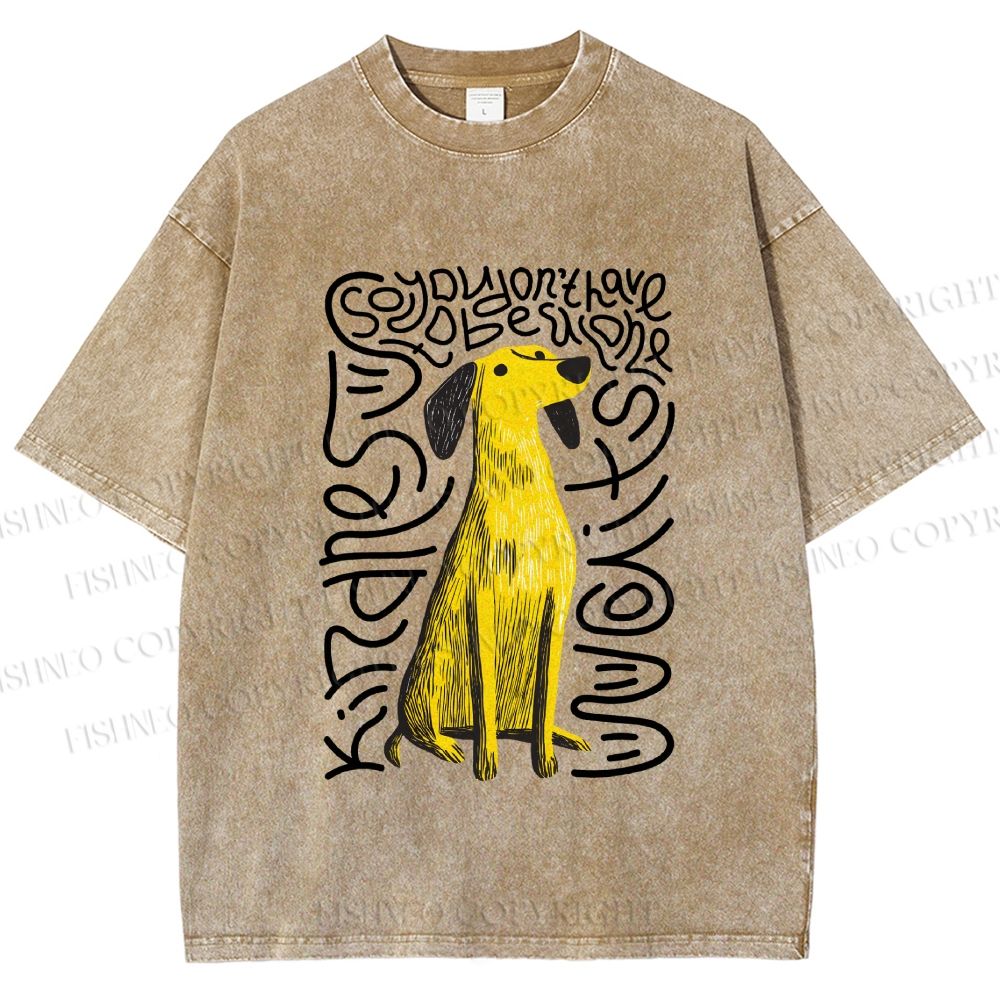 Unisex Yellow Dog With Line Printed Washed Tee