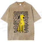 Unisex Yellow Dog With Line Printed Washed Tee