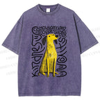 Unisex Yellow Dog With Line Printed Washed Tee
