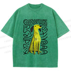 Unisex Yellow Dog With Line Printed Washed Tee