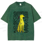 Unisex Yellow Dog With Line Printed Washed Tee