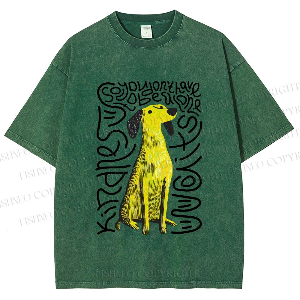 Unisex Yellow Dog With Line Printed Washed Tee