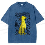 Unisex Yellow Dog With Line Printed Washed Tee