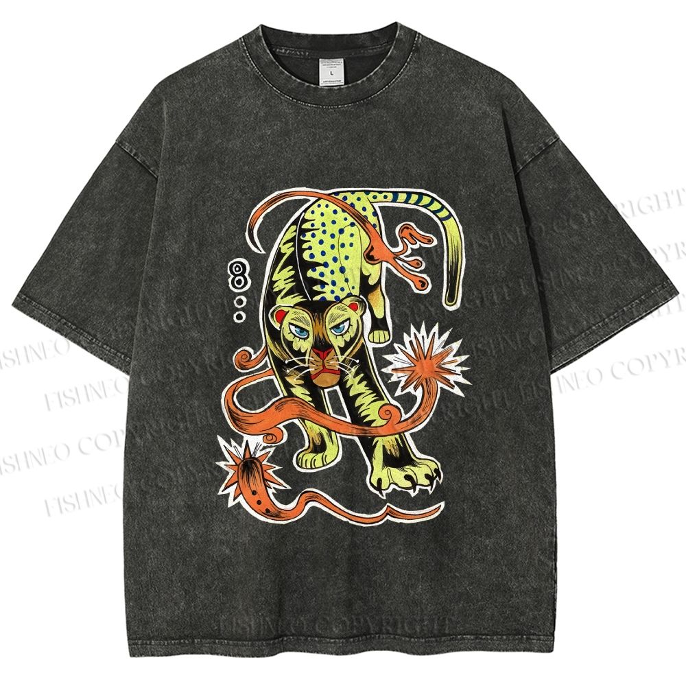 Unisex Vintage Panther Printed Washed Tee