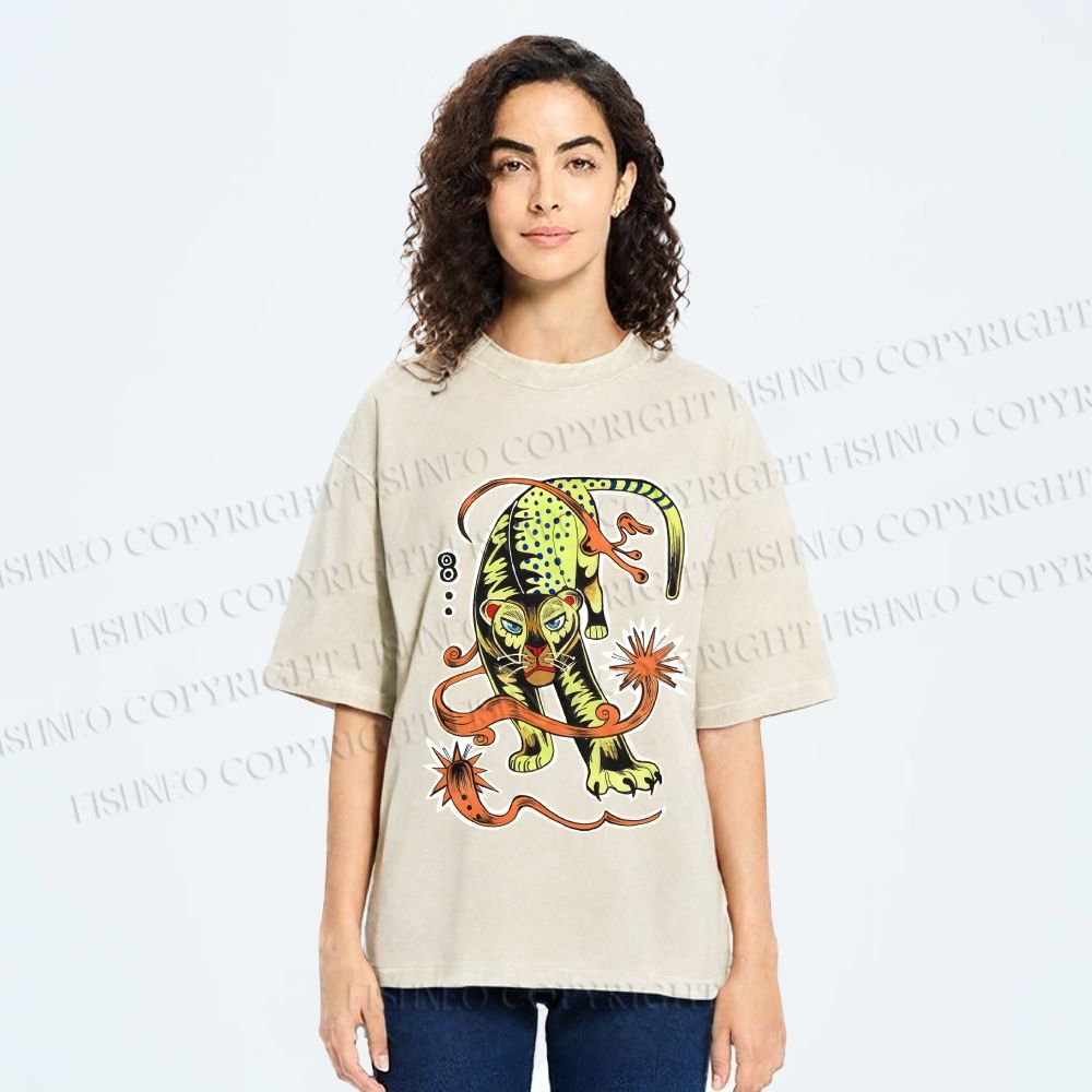 Unisex Vintage Panther Printed Washed Tee