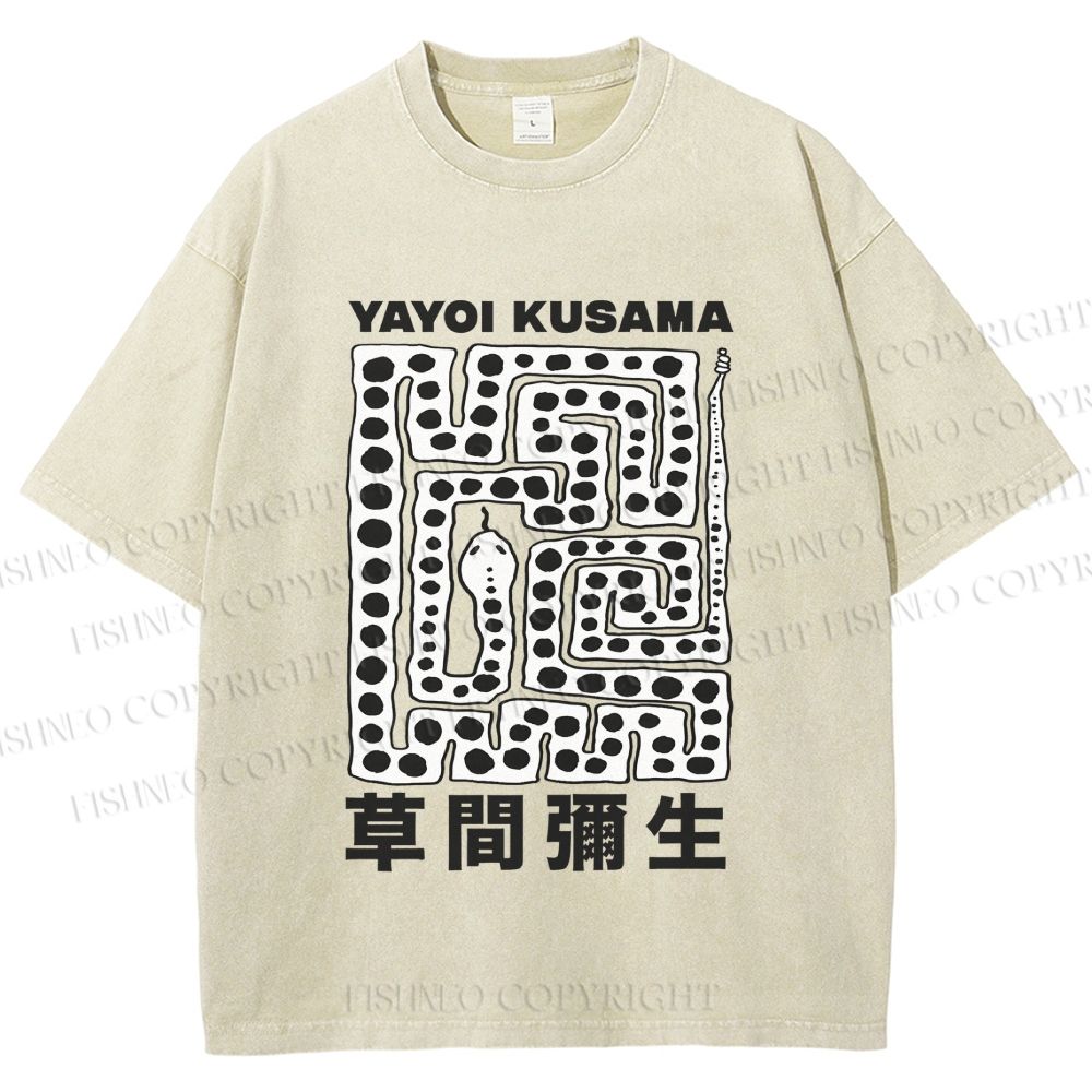 Unisex Yayoi Kusama Square Snake With Dots Printed Washed Tee