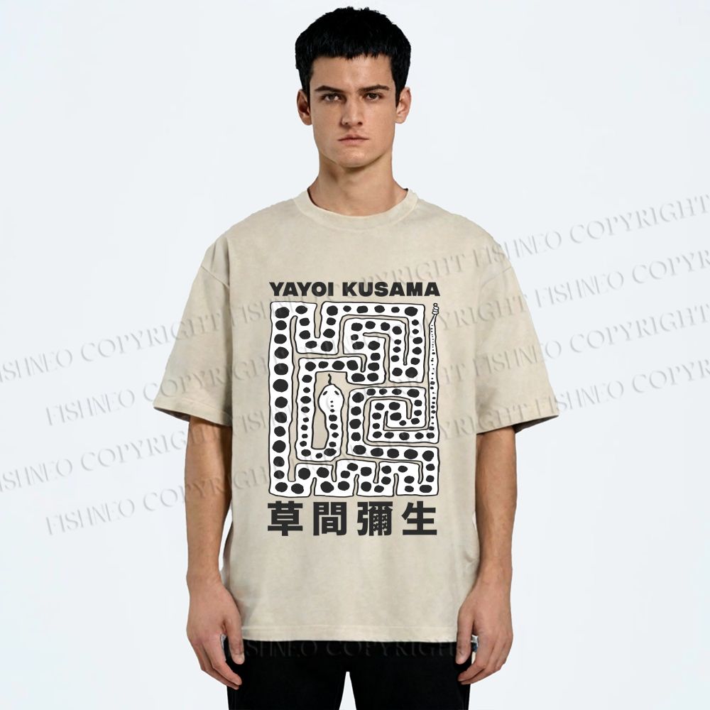 Unisex Yayoi Kusama Square Snake With Dots Printed Washed Tee