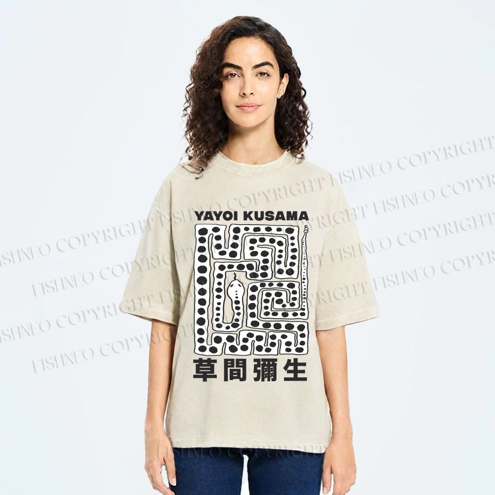 Unisex Yayoi Kusama Square Snake With Dots Printed Washed Tee