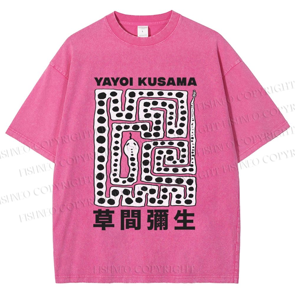 Unisex Yayoi Kusama Square Snake With Dots Printed Washed Tee