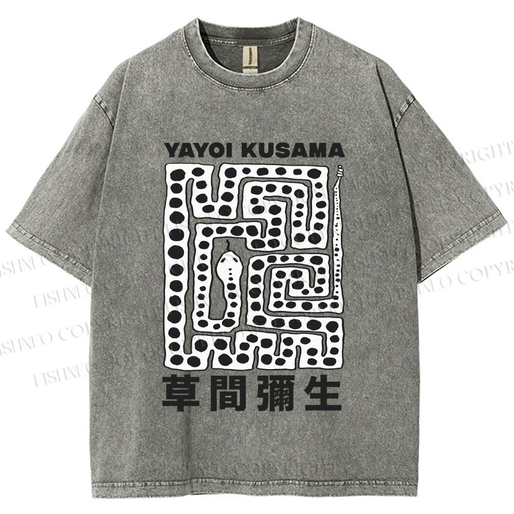 Unisex Yayoi Kusama Square Snake With Dots Printed Washed Tee