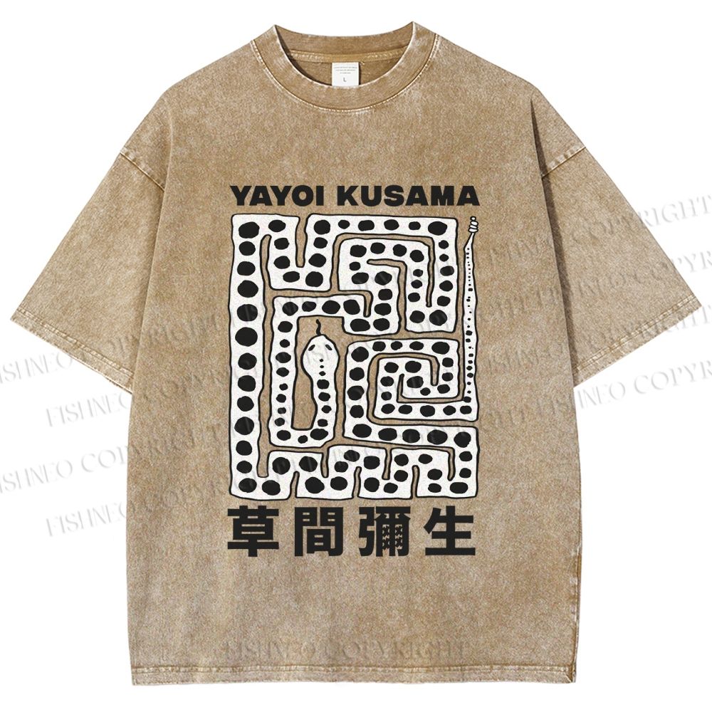 Unisex Yayoi Kusama Square Snake With Dots Printed Washed Tee