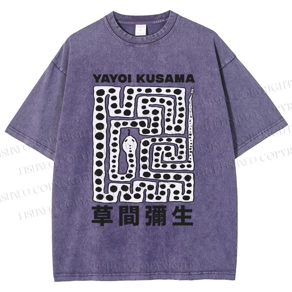 Unisex Yayoi Kusama Square Snake With Dots Printed Washed Tee