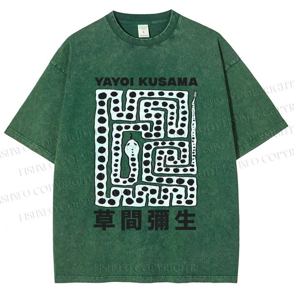Unisex Yayoi Kusama Square Snake With Dots Printed Washed Tee