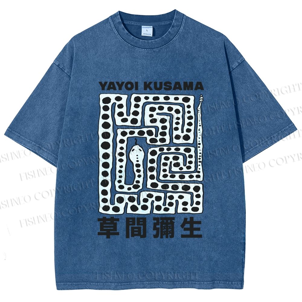 Unisex Yayoi Kusama Square Snake With Dots Printed Washed Tee