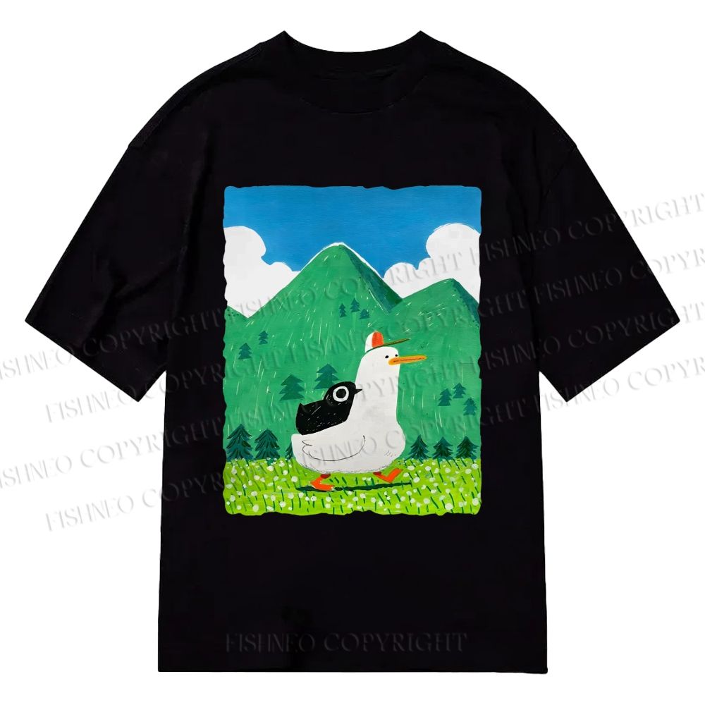 Unisex Classic Cotton Chubby Goose With Crow Bird in Valley Printed T-shirt