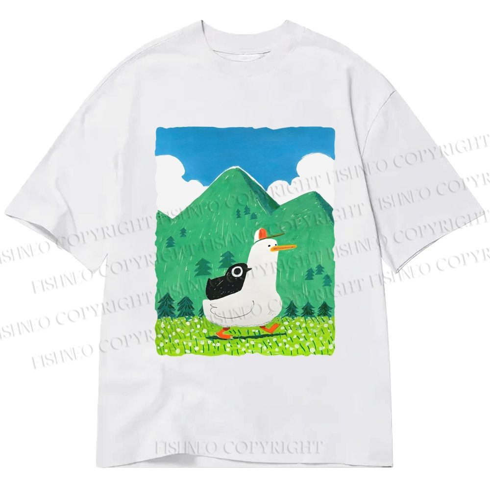 Unisex Classic Cotton Chubby Goose With Crow Bird in Valley Printed T-shirt
