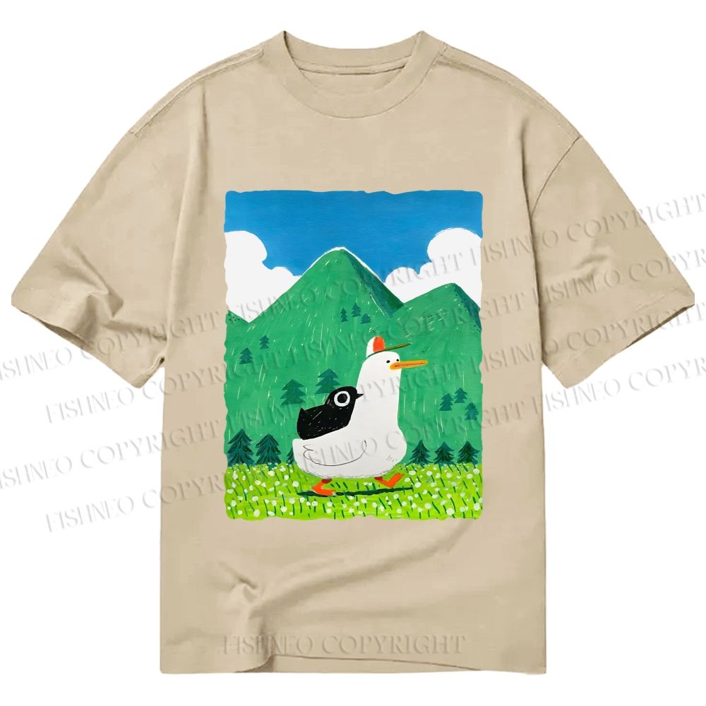 Unisex Classic Cotton Chubby Goose With Crow Bird in Valley Printed T-shirt