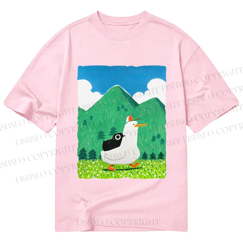 Unisex Classic Cotton Chubby Goose With Crow Bird in Valley Printed T-shirt