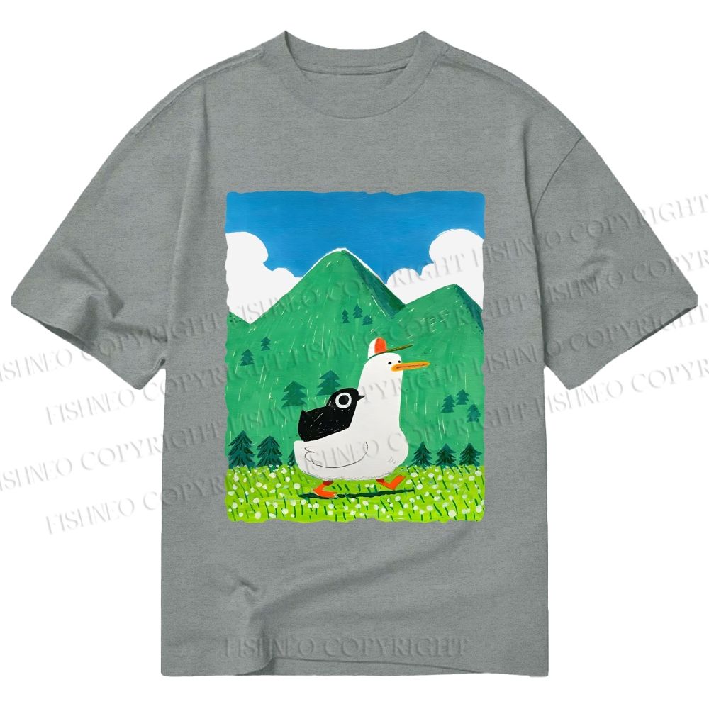 Unisex Classic Cotton Chubby Goose With Crow Bird in Valley Printed T-shirt