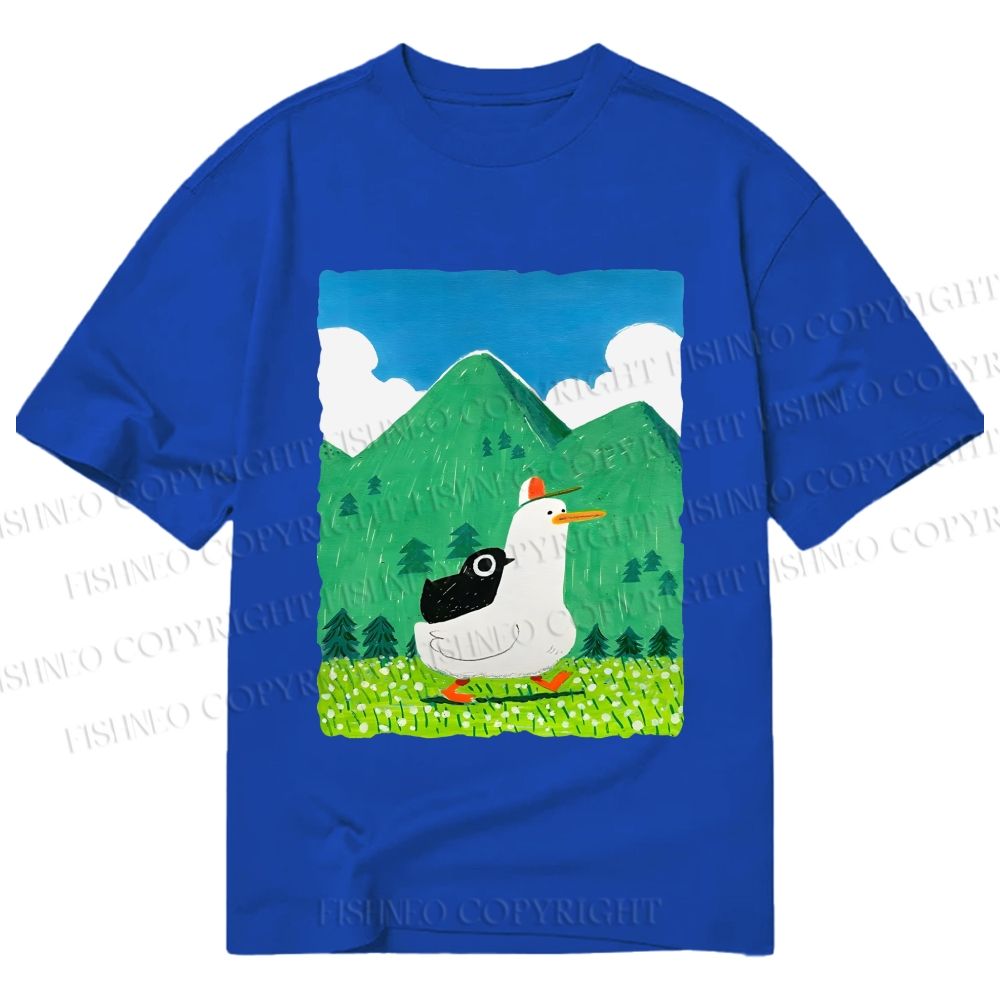 Unisex Classic Cotton Chubby Goose With Crow Bird in Valley Printed T-shirt
