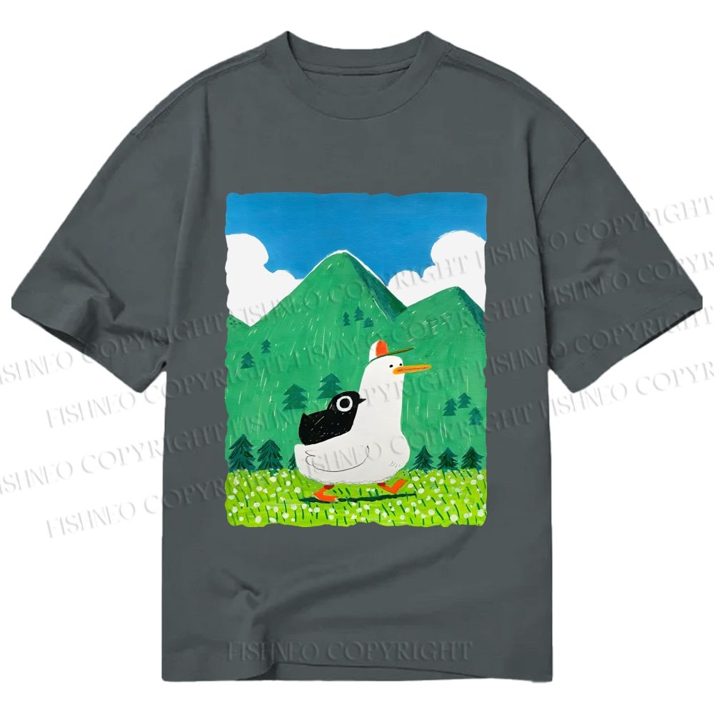 Unisex Classic Cotton Chubby Goose With Crow Bird in Valley Printed T-shirt