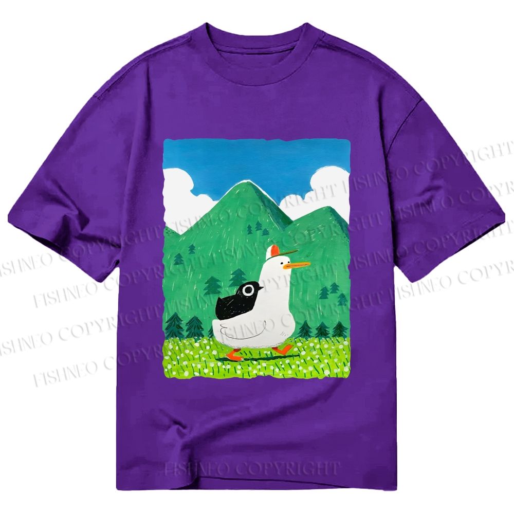Unisex Classic Cotton Chubby Goose With Crow Bird in Valley Printed T-shirt