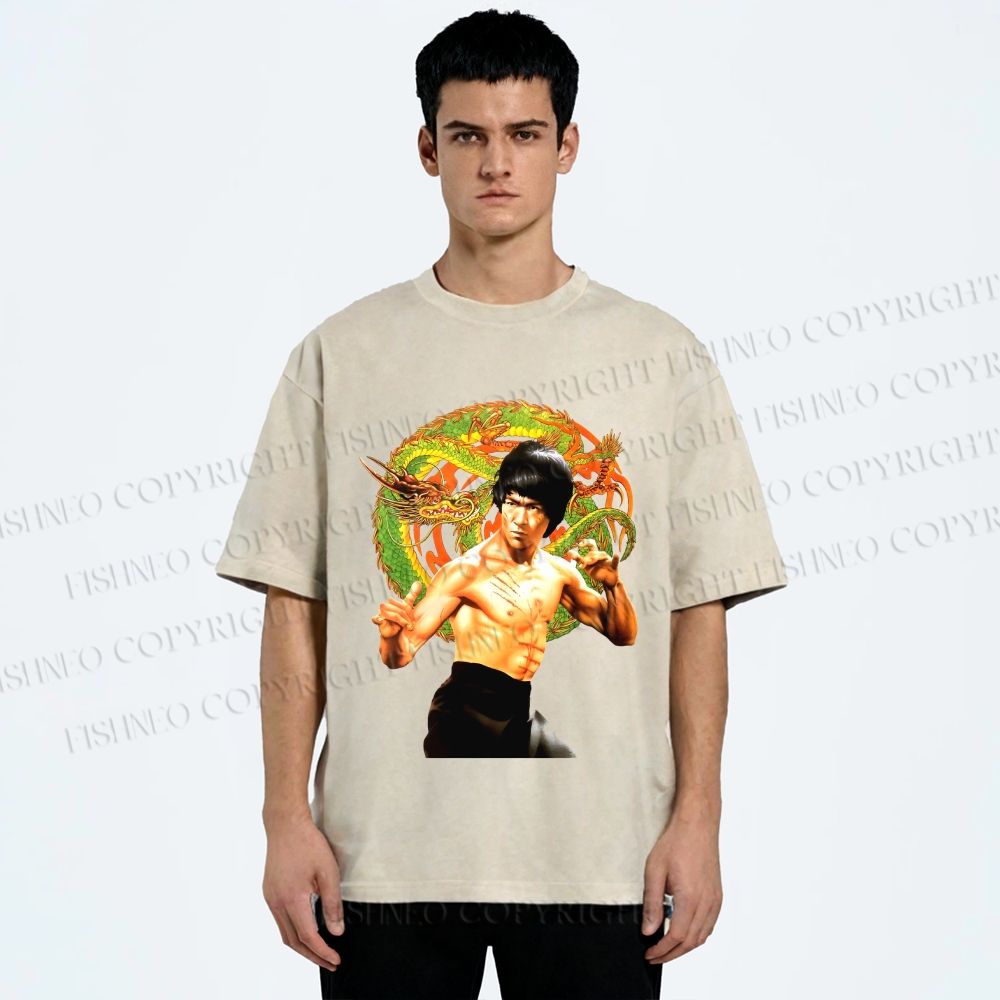 Unisex Bruce Lee Dargon Printed Washed Tee