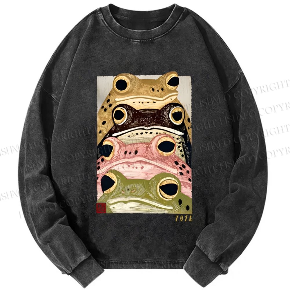 Unisex Casual Washed Whimsical Multi Colored Frog Art Printed Long Sleeve T-shirt