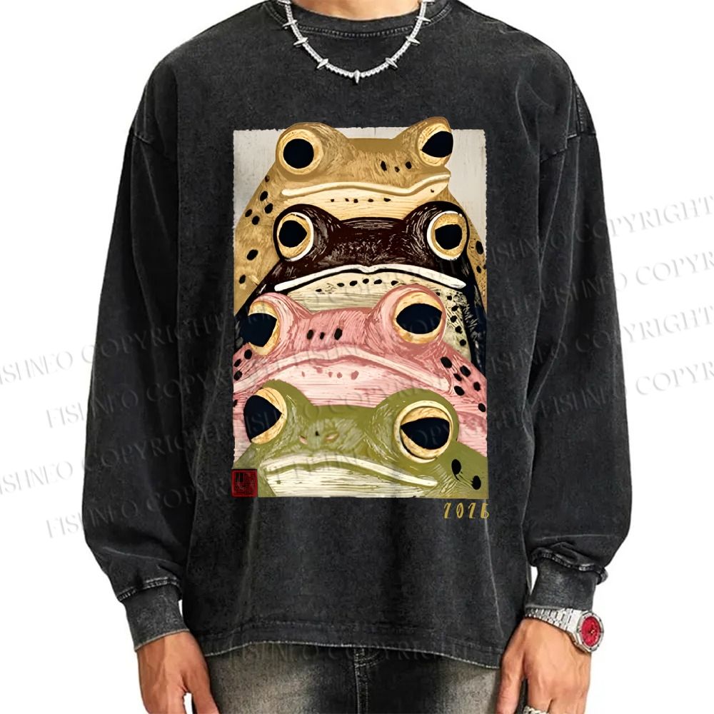 Unisex Casual Washed Whimsical Multi Colored Frog Art Printed Long Sleeve T-shirt