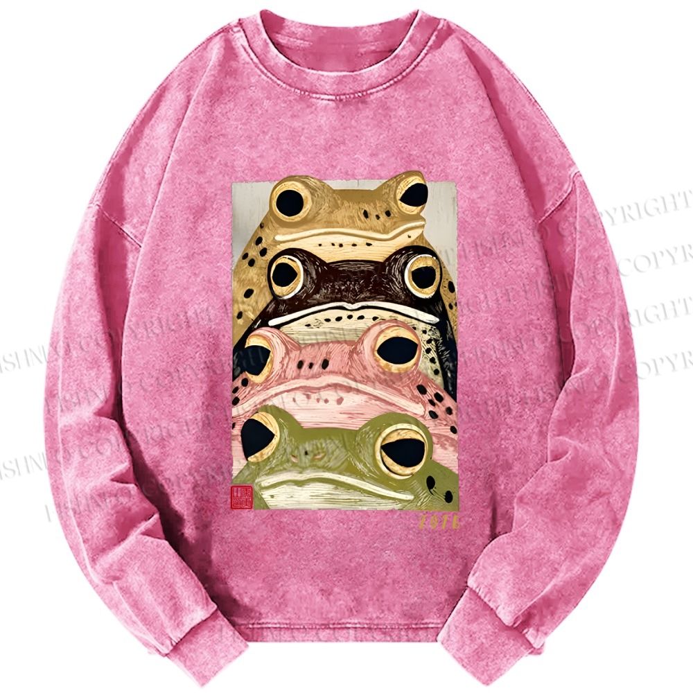 Unisex Casual Washed Whimsical Multi Colored Frog Art Printed Long Sleeve T-shirt