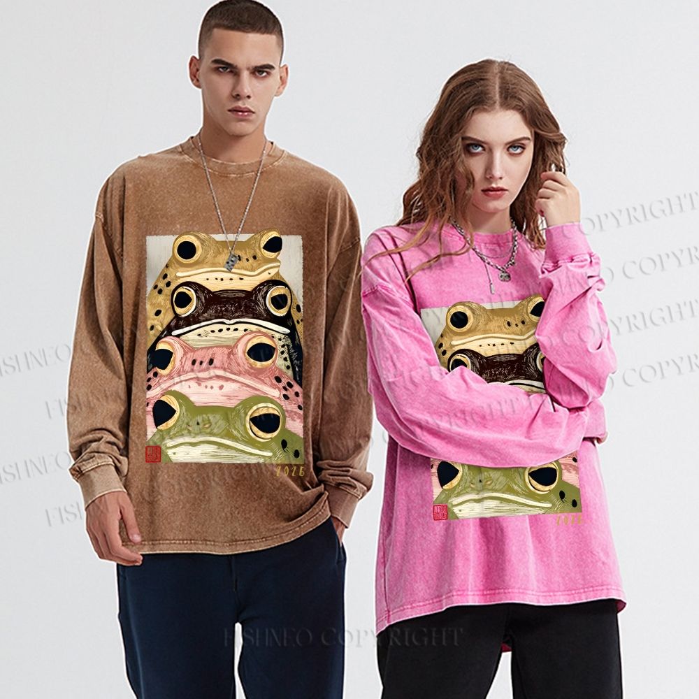 Unisex Casual Washed Whimsical Multi Colored Frog Art Printed Long Sleeve T-shirt