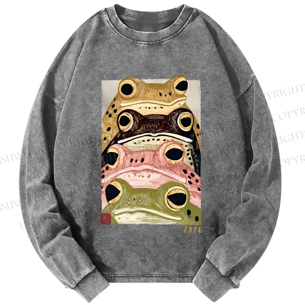 Unisex Casual Washed Whimsical Multi Colored Frog Art Printed Long Sleeve T-shirt