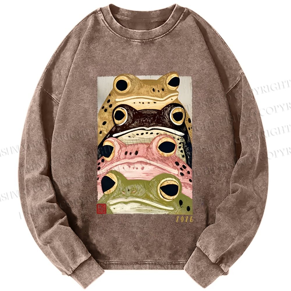 Unisex Casual Washed Whimsical Multi Colored Frog Art Printed Long Sleeve T-shirt