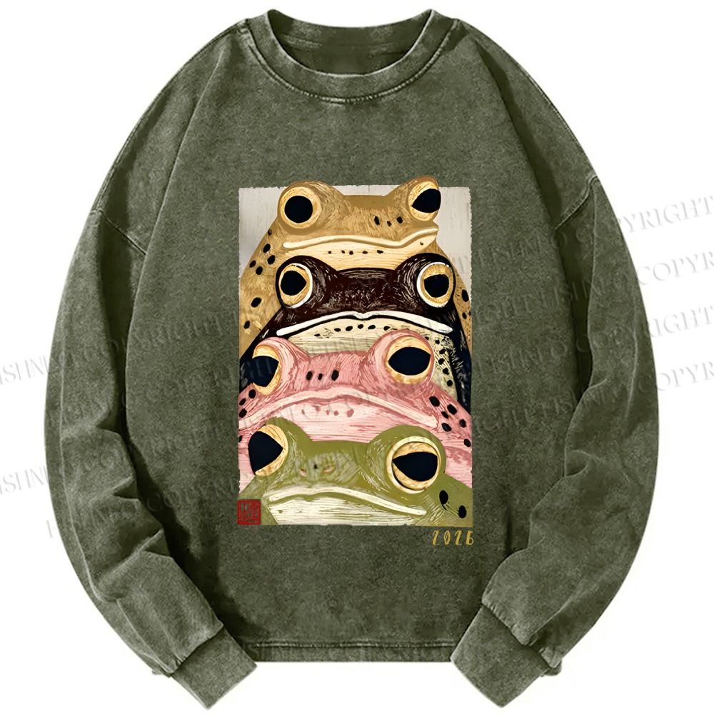 Unisex Casual Washed Whimsical Multi Colored Frog Art Printed Long Sleeve T-shirt