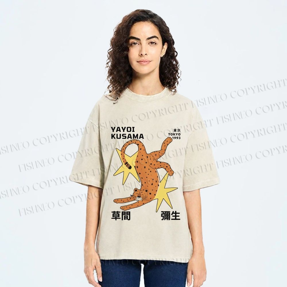 Unisex Yayoi Kusama Funny Panther With Stars Printed Washed Tee