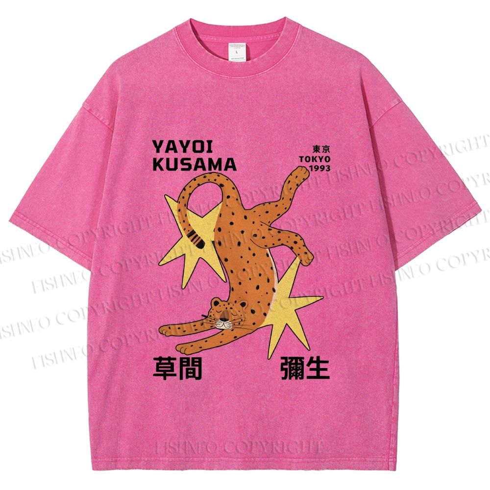 Unisex Yayoi Kusama Funny Panther With Stars Printed Washed Tee
