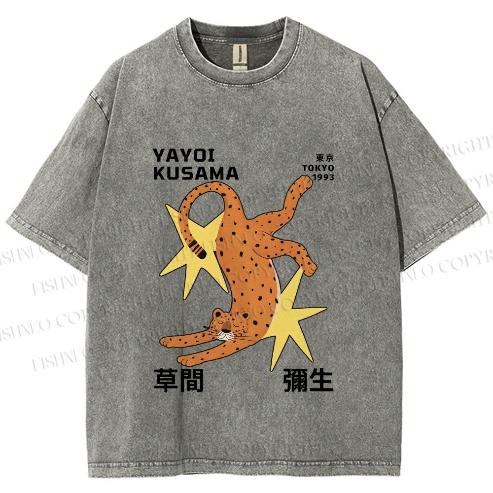 Unisex Yayoi Kusama Funny Panther With Stars Printed Washed Tee