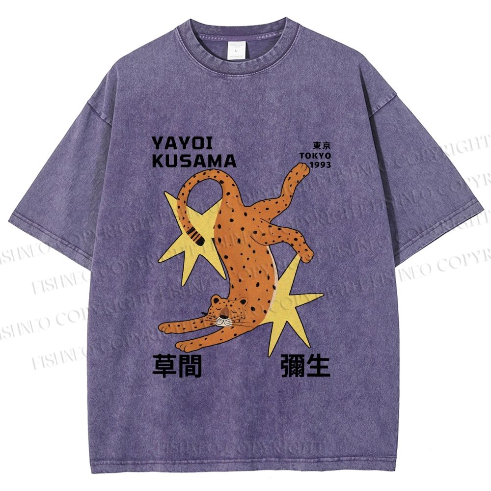 Unisex Yayoi Kusama Funny Panther With Stars Printed Washed Tee
