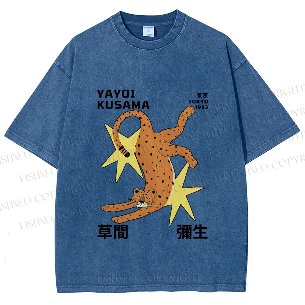 Unisex Yayoi Kusama Funny Panther With Stars Printed Washed Tee