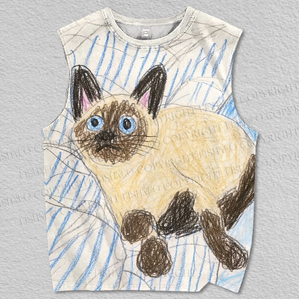 Unisex Hand-Drawing Siamese Cat Printed Tank Top