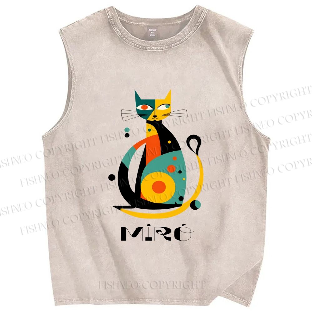 Unisex Joan Miro Design Cat Printed Washed Tank Top