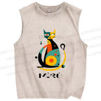 Unisex Joan Miro Design Cat Printed Washed Tank Top