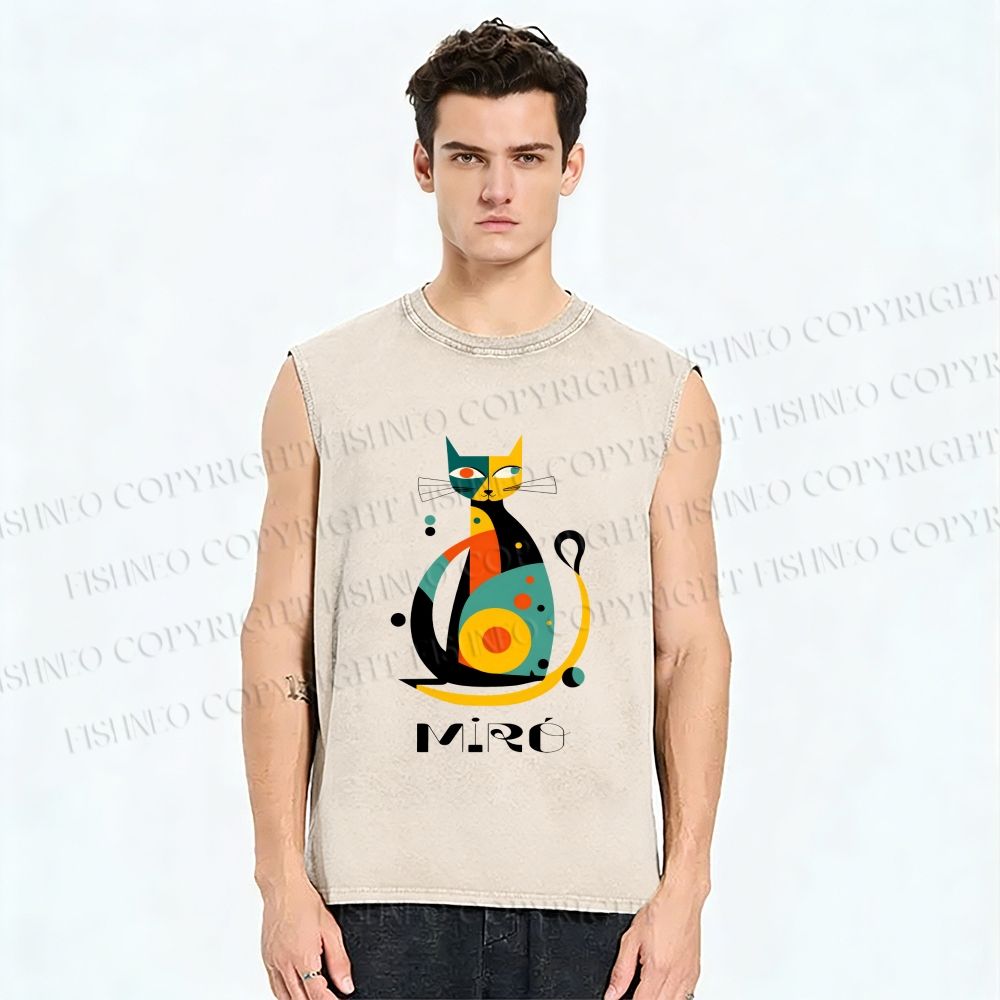 Unisex Joan Miro Design Cat Printed Washed Tank Top